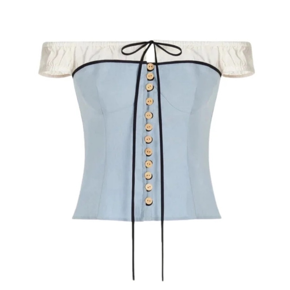 Orseund Iris Light Blue and Cream Button-Front Top